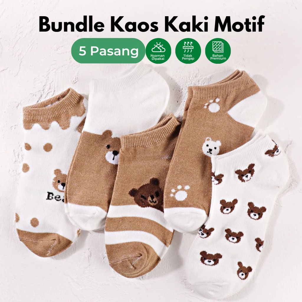 Bundle Kaos Kaki Socks Ankle 5 Pasang Nyaman Motif