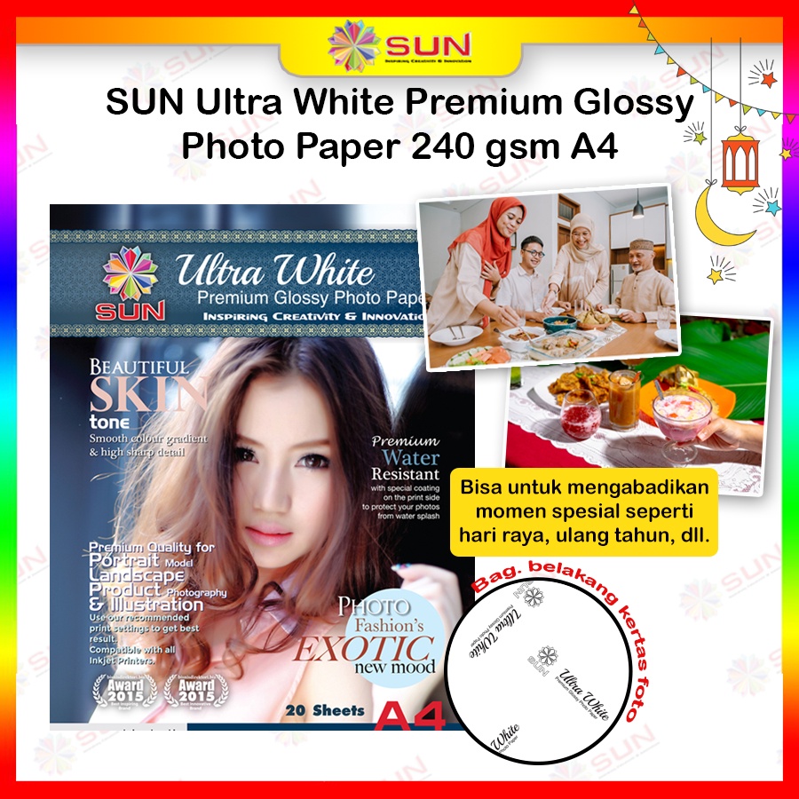 Kertas Foto Glossy Ultra White A4 210/240 gram - SUN Ultra White Premium Glossy Photo Paper (Support