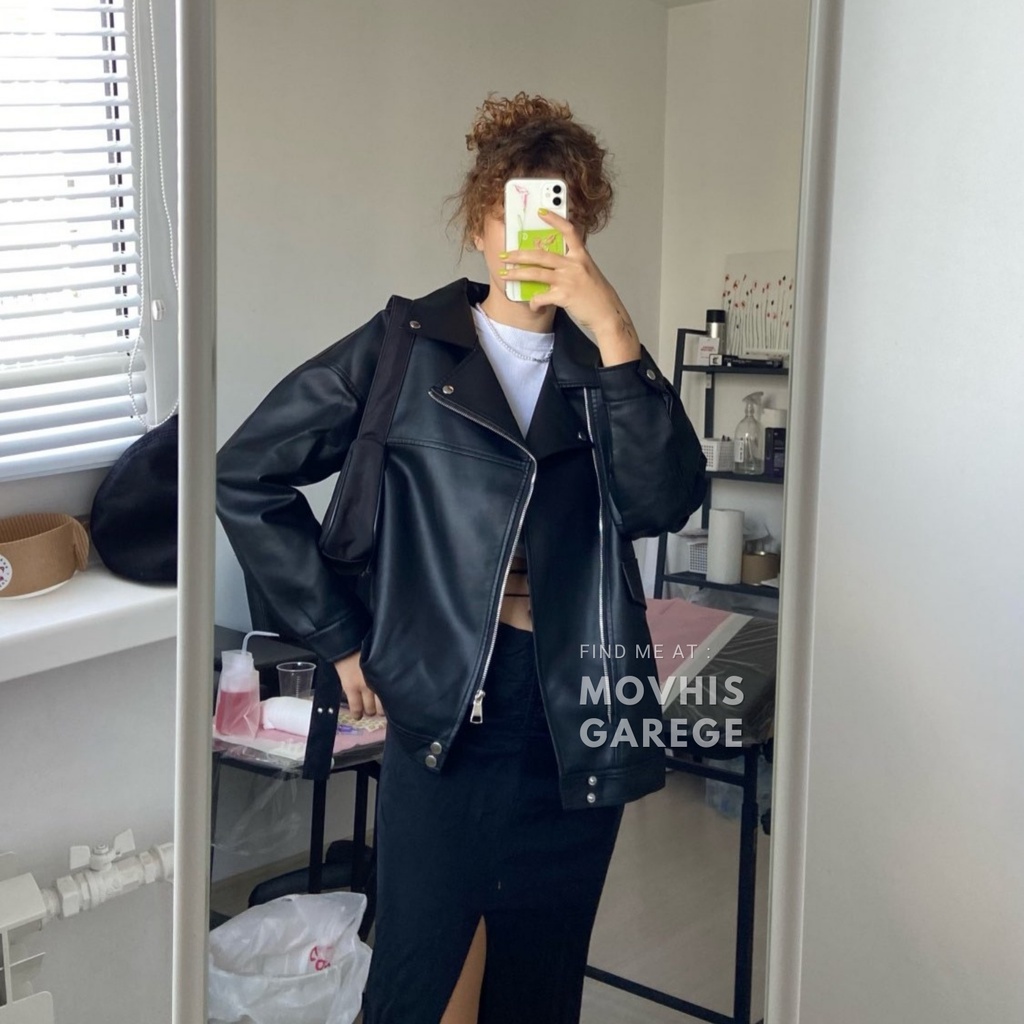 JAKET KULIT SEMI WANITA CROP JUMBO ORIGINAL 100% STYLE KOREA OVERSIZE HITAM PANJANG / JACKET KULIT W