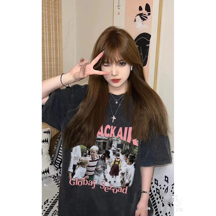 Korean Style Vintage T-shirt Hitam Washed Oversize Kaos Lengan Pendek Baju Wanita/baju oversize wanita