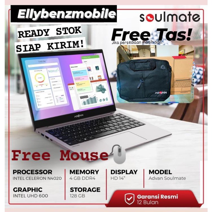 Laptop Murah ADVAN Soulmate Celeron N4020 4/128|256|384GB 14&quot;HD IPS W11
