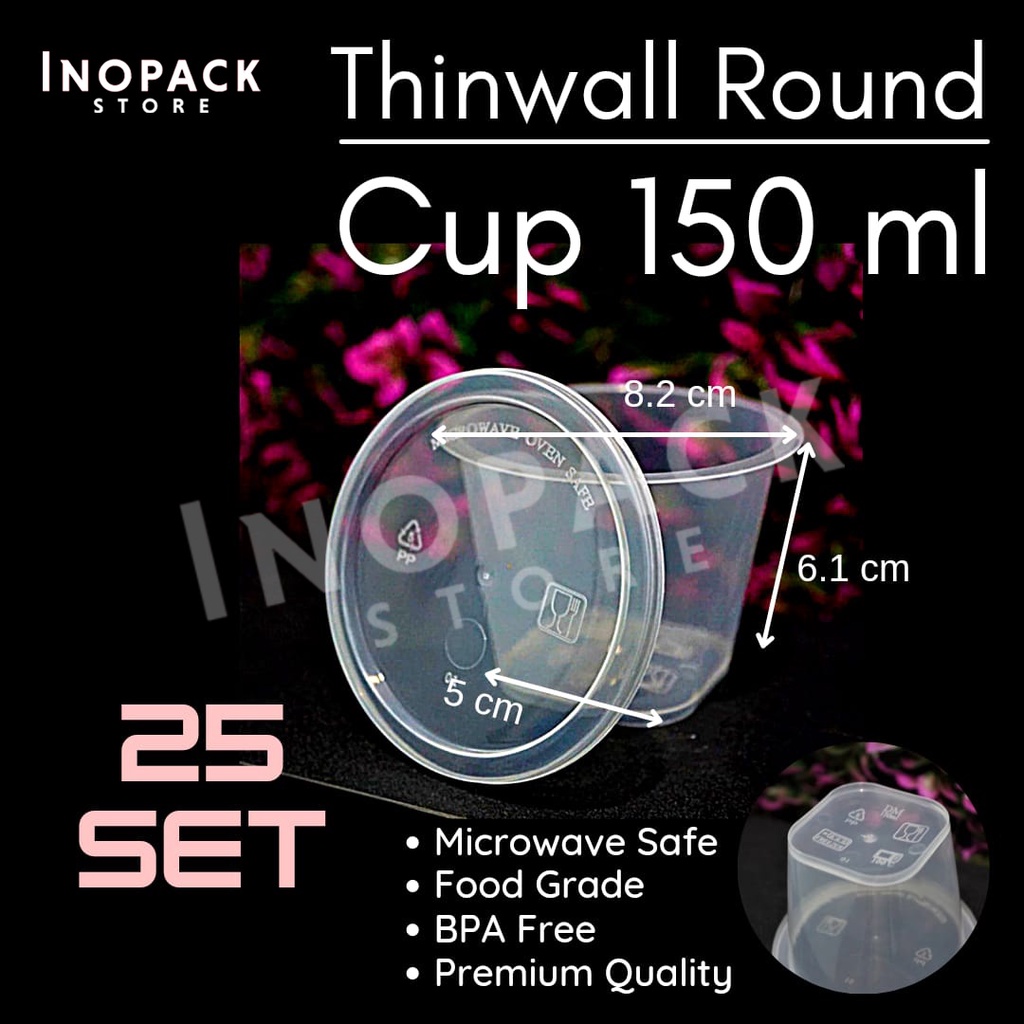 Thinwall gelas cup 150ml kotak persegi+TUTUP bening (25set)