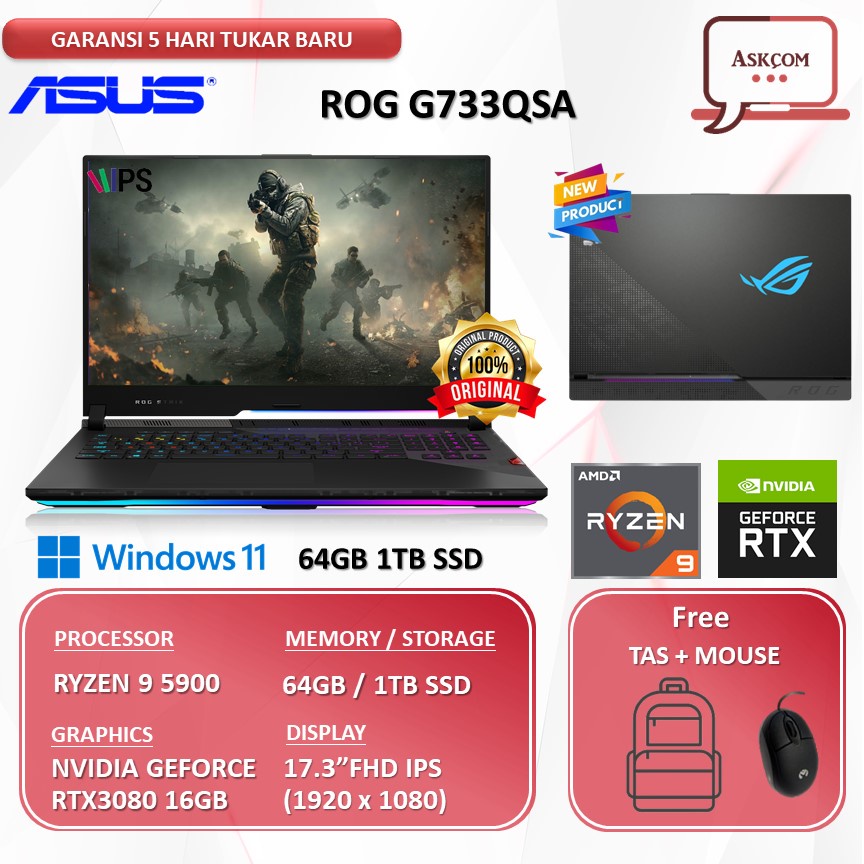 Laptop Gaming Asus Rog G733QSA RTX3080 360HZ 16GB RYZEN 9 5900 RAM 64GB 1TB SSD W11 17.3FHD IPS