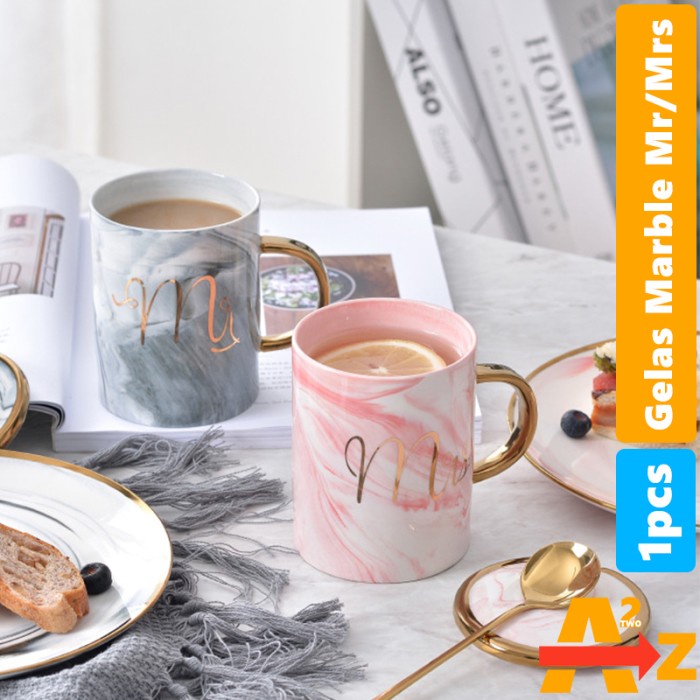Gelas Couple Marble Mr & Mrs Couple Mug Ceramic Gelas Marble Marmer - Merah Muda