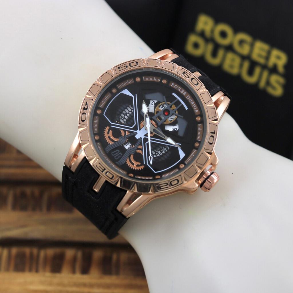 Jam Tangan Sport Pria Roger Dubuis R9104Ui Tanggal Aktif Tali Kulit Free Box Original & Baterai Cada