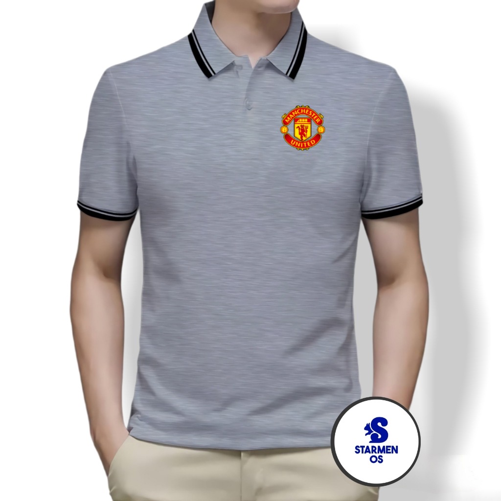 Kaos Polo Shirt Pria Kerah List Putih logo MENCHESTER UNITED