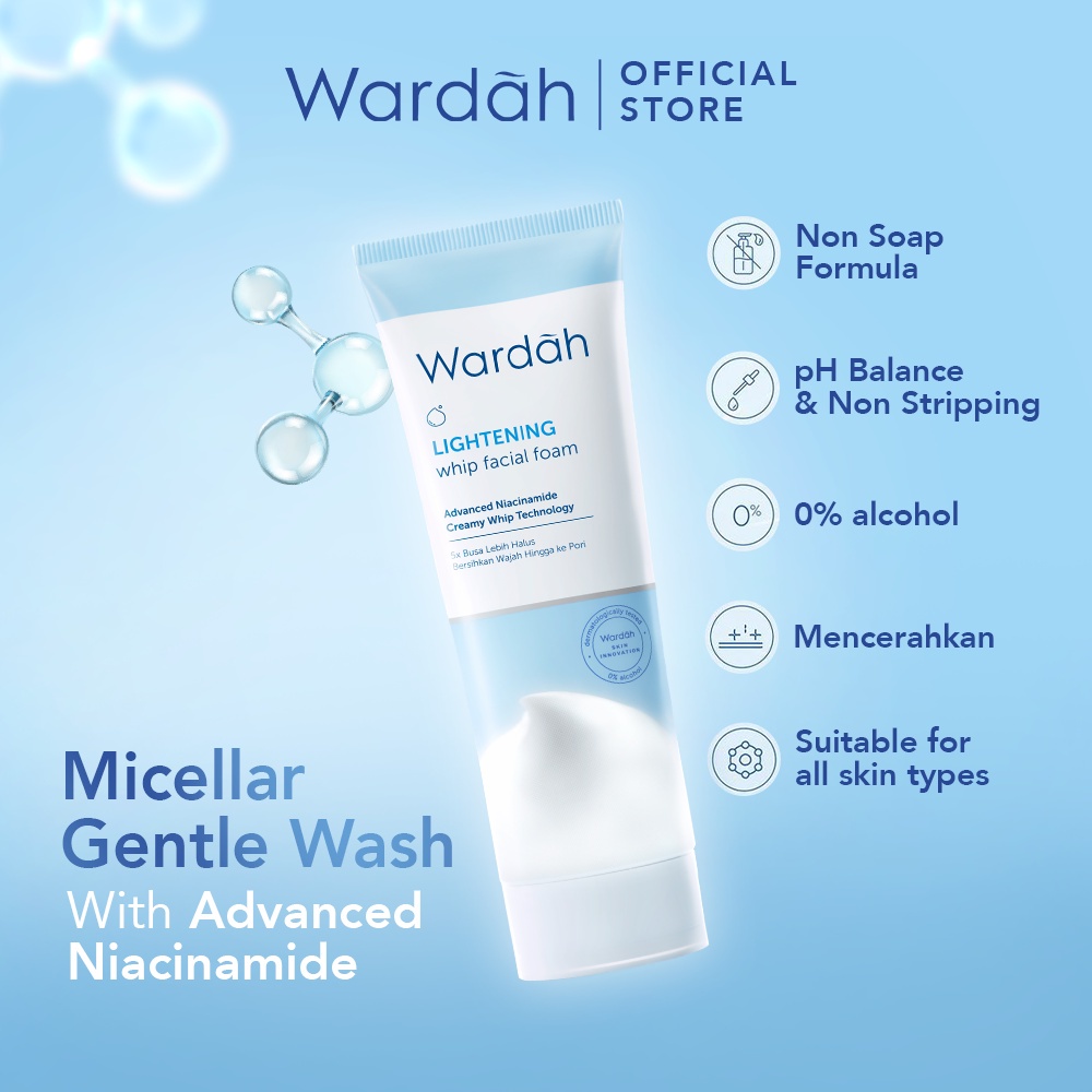 WARDAH Lightening Whip Facial Foam Indonesia / Pembersih Wajah 50ml 100ml / Advanced Niacinamide Creamy Whip Technology / 5x Busa Lebih Halus Bersihkan Wajah Hingga ke Pori / Berminyak / Cleanser Cleansing Face Wash Sabun Cuci Muka / Skincare Care Series