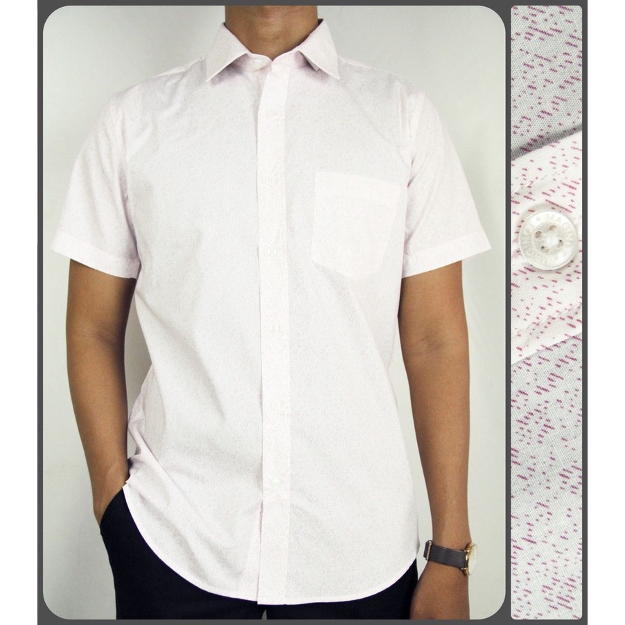 Kemeja Kantor Kerja Formal Pria Slimfit Maginot Lengan Pendek Putih Motif Pink 09 | Original 100%