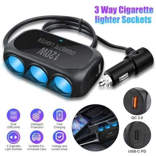 Charger Mobil 3 Cigarette + 2 USB Port Quick Charge 120W - VE12 - Black