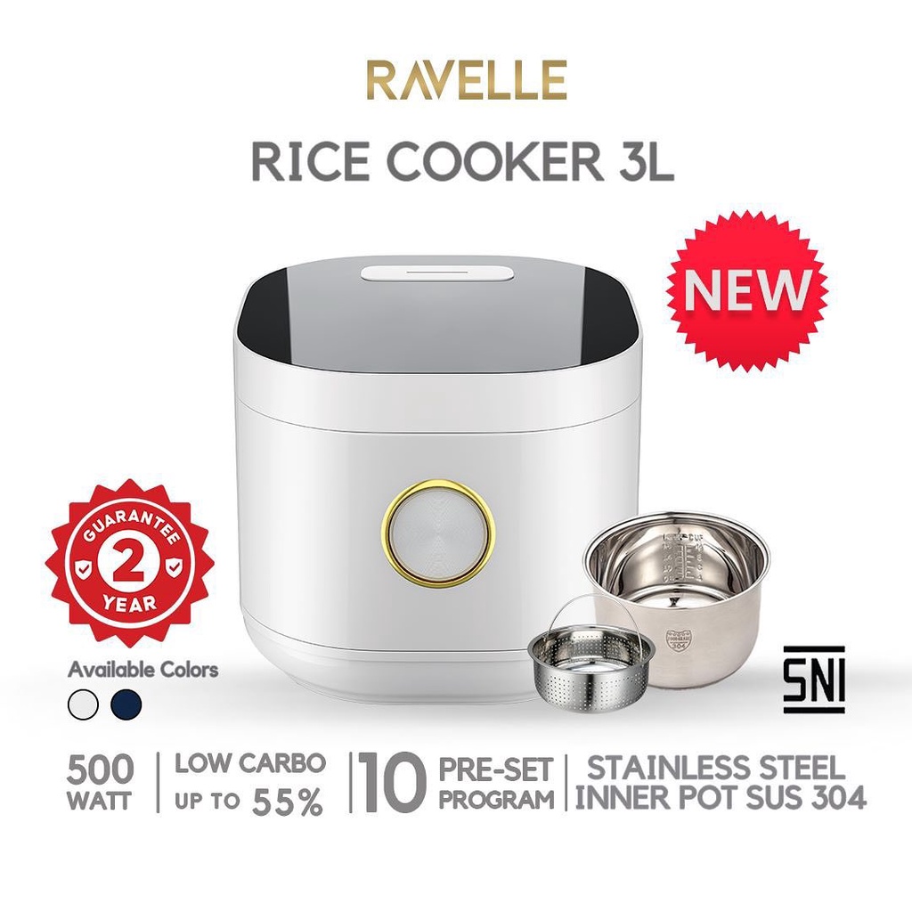 Ravelle Rice Cooker Digital Low Carbo 3 Liter Stainless Innerpot Anti Bacterial