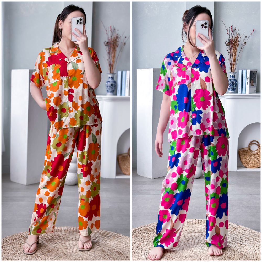 Setelan Rayon Celana Panjang Motif Bunga One Set Rayon Wanita