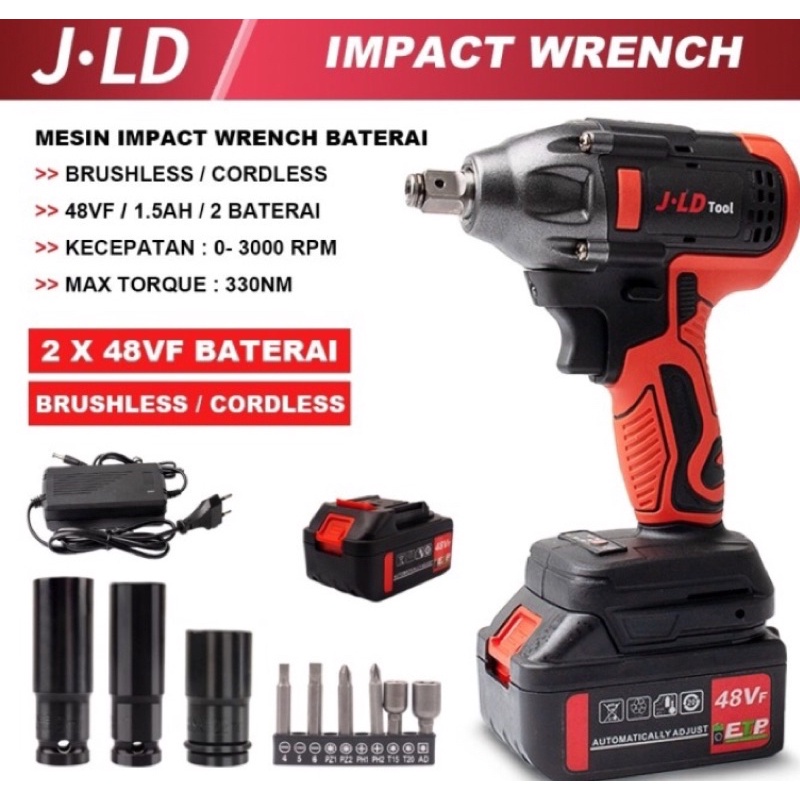 JLD IMPACT WRENCH MESIN PEMBUKA BAUT CORDLESS IMPACT WRENCH JLD JV88 - 48 V 2 Baterai. JLD MERAH