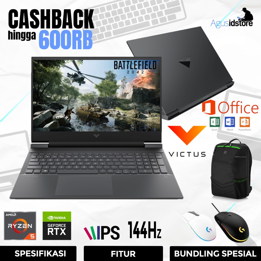 HP VICTUS GAMING 16 E1090AX Laptop Gaming RYZEN 5 6600H RTX3050 RAM 16GB 512GB SSD 16.1&quot; FHD IPS 144Hz Windows 11 Office OHS