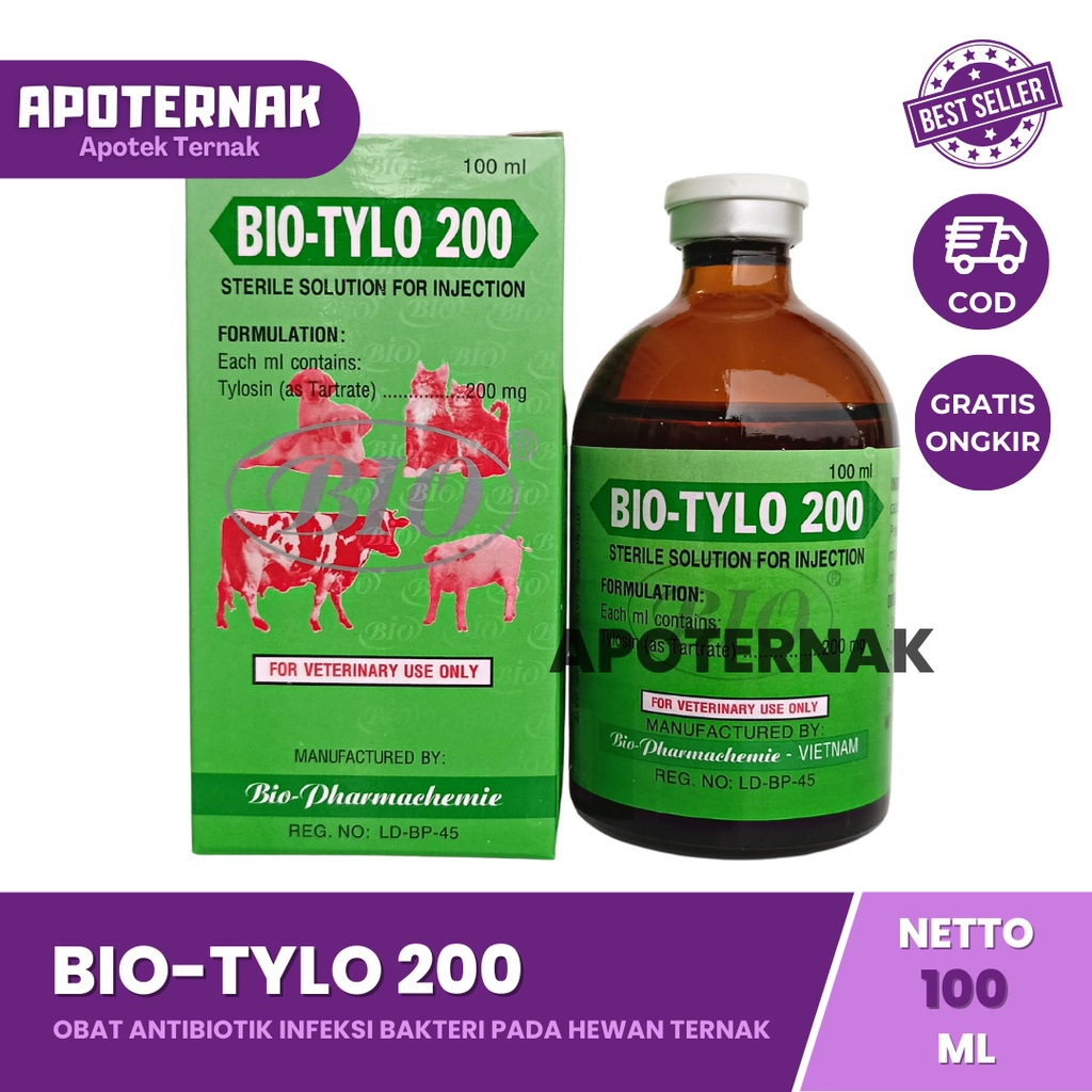 BIO TYLO 200 (Tylosin) 100 mL | Obat Antibiotik Infeksi Bakteri CRD Pneumonia Sinusitis Footroot Dermatitis Mastitis dll Pada Hewan Sapi Kambing Domba Ayam babi