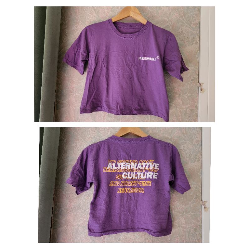 gym crop tee round neck warna ungu BTS preloved