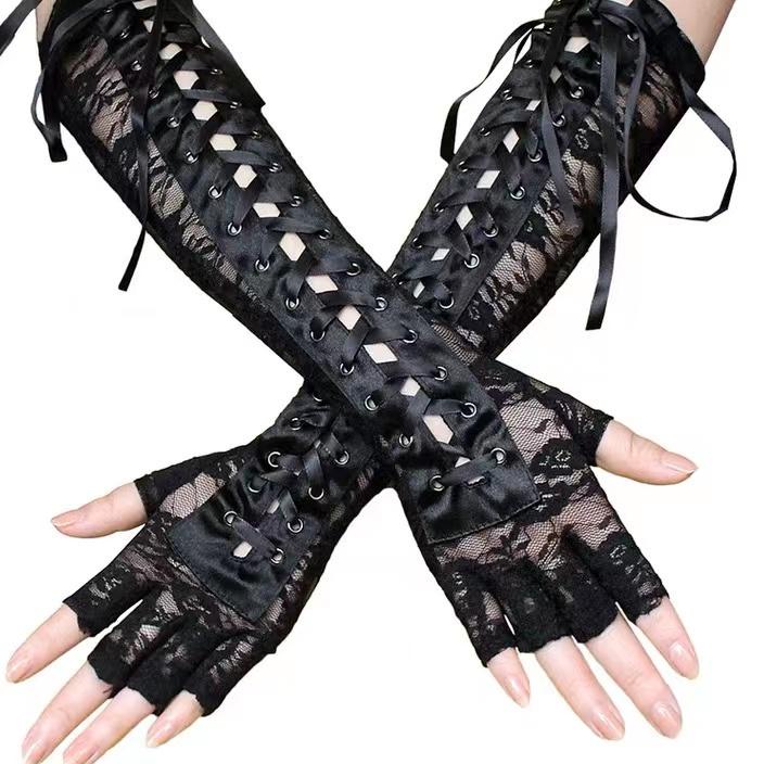 ♀ Women Gothic Fingerless Gloves Sewing Fishnet 8541 ➾