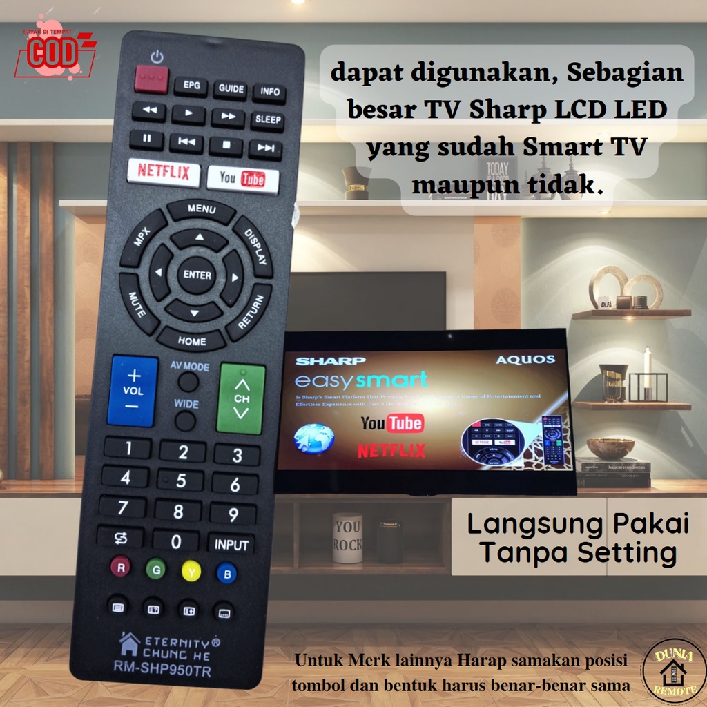 Remot Remote Tv Sharp Aquos LED LCD Smart Yotube Netflik Type RM-950