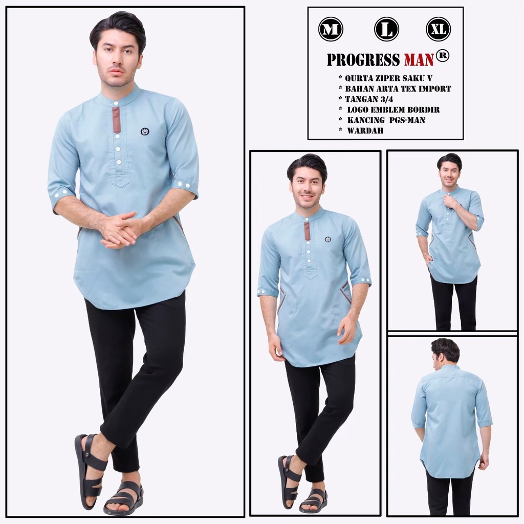 PROGRESS MAN Baju Muslim Pria Dewasa Premium  Kurta V  Koko Cowok Original Lengan Tiga Perempat kurta Pakistan Terbaru Lebaran 2023 Warna V MINT