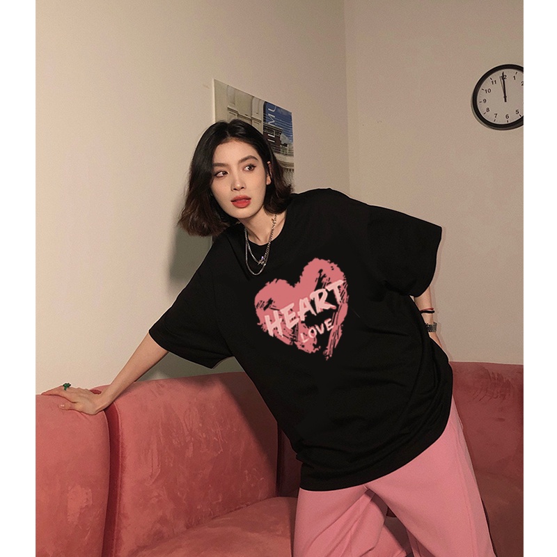 kaos wanita korean style heart graphic print t-shirt oversize lengan pendek import kaos hitam