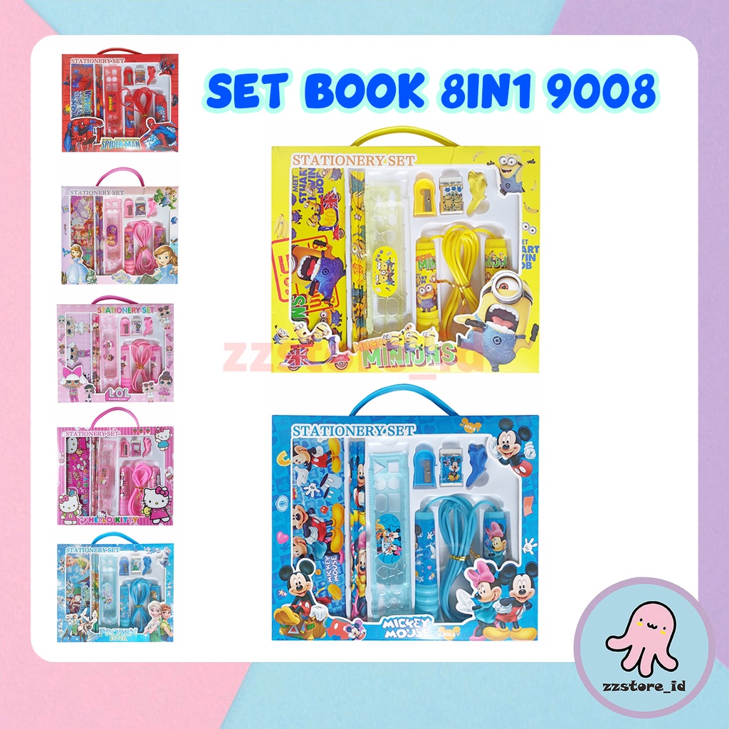 8in1 Stationery Set Study Set Alat Tulis Anak Pensil Penggaris Penghapus Serutan Tempat Pensil Tali Skipping  Sekolah Karakter Minions Sofia Spiderman Frozen Unicorn