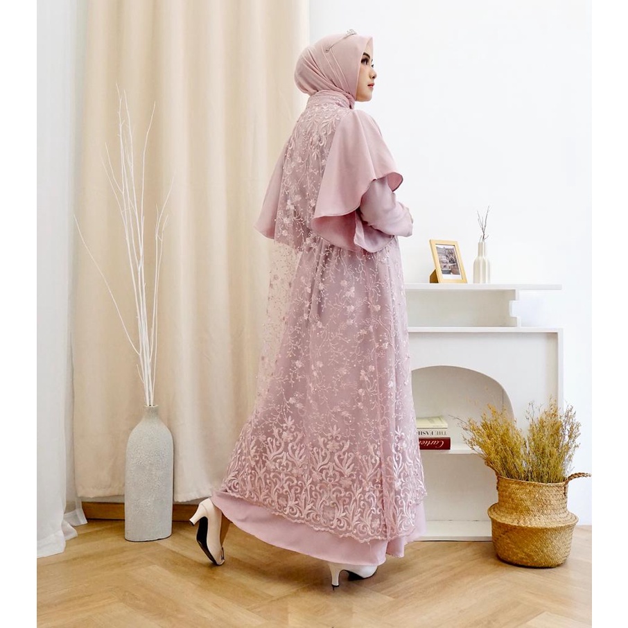 2IN1 GEORGINA DRESS INNER + OUTER BRUKAT TILLE PREMIUM / FREE BELT / SET GAMIS MAXI DRESS KONDANGAN PLUS OUTER BROKAT TILE