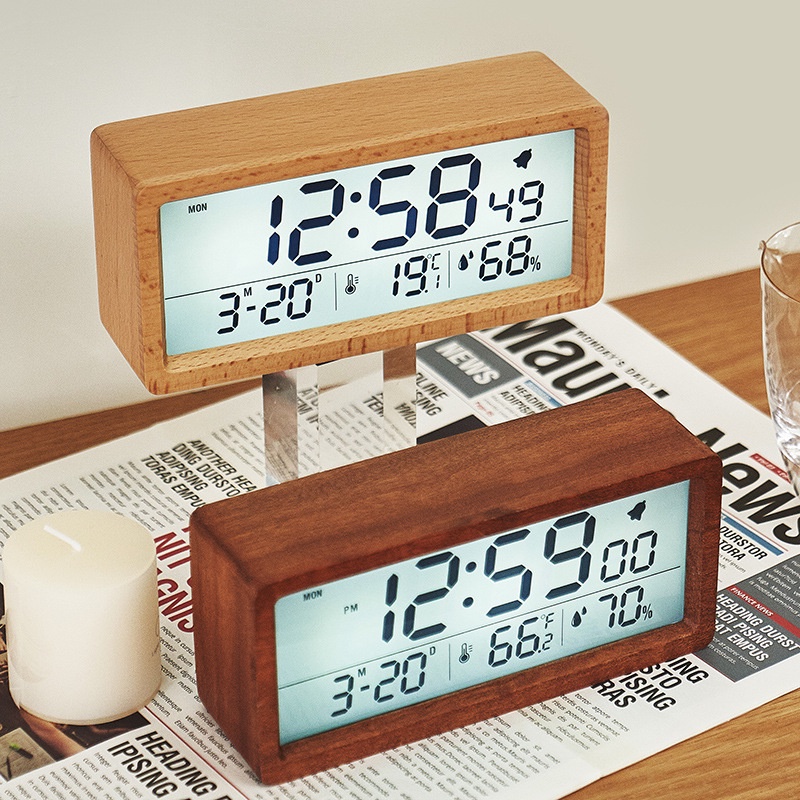 VULCA Jam Meja Kayu LED Digital Alarm Clock Wooden Temperature + Date