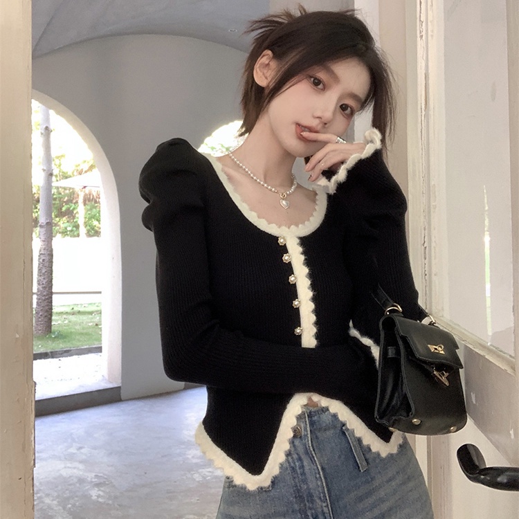 Red 2023 baru pencocokan warna renda lengan panjang rajutan top wanita musim semi manis dan pedas diri budidaya pelangsing angin harum kecil sweater