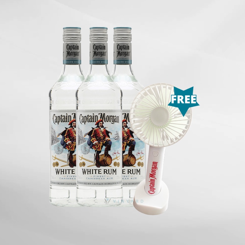 Paket 3 Botol Captain Morgan White Rum 750ml Free Electric Fan (Original &amp; Resmi by Vinyard)