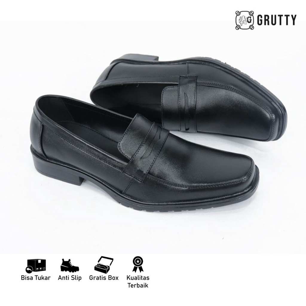 Sepatu Pria Formal Pantofel Kulit Asli Tanpa Tali Big Size Ukuran Besar GRUTTY DC015 Hitam