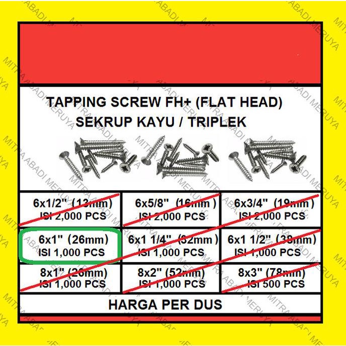 Sekrup Kayu Sekrup Tapping Screw FH 6 x 1" (26 mm) 1 DUS