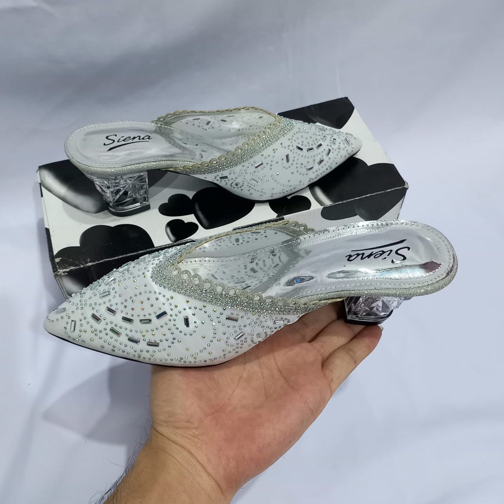Sandal Pesta Heels Rendah Wanita warna [Silver] sandal jalan slip on/Sepatu Kondangan viral model te