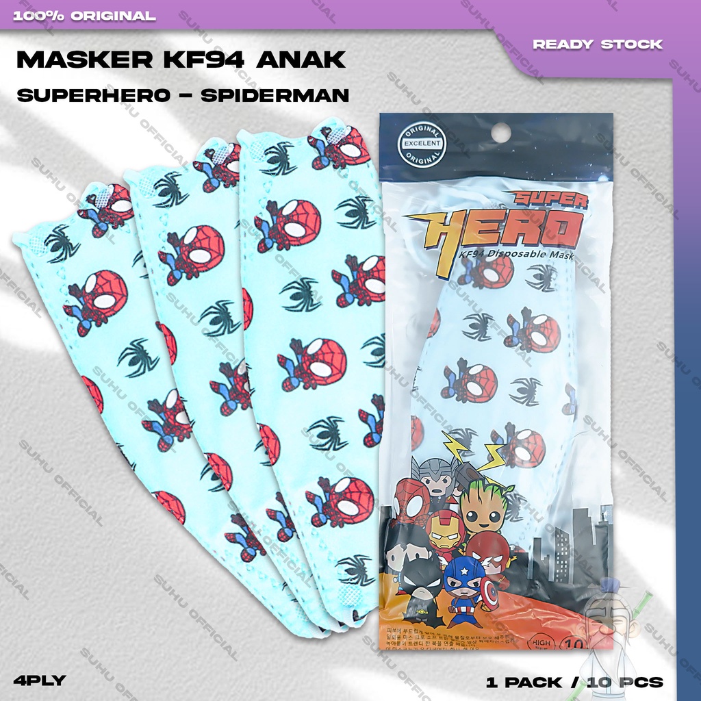 ❤️ SUHU ❤️ Masker Anak KF94 SUPERHERO 4Ply Isi 10Pcs Motif Spiderman Kartun Lucu Earloop Surgical Mask Kemenkes