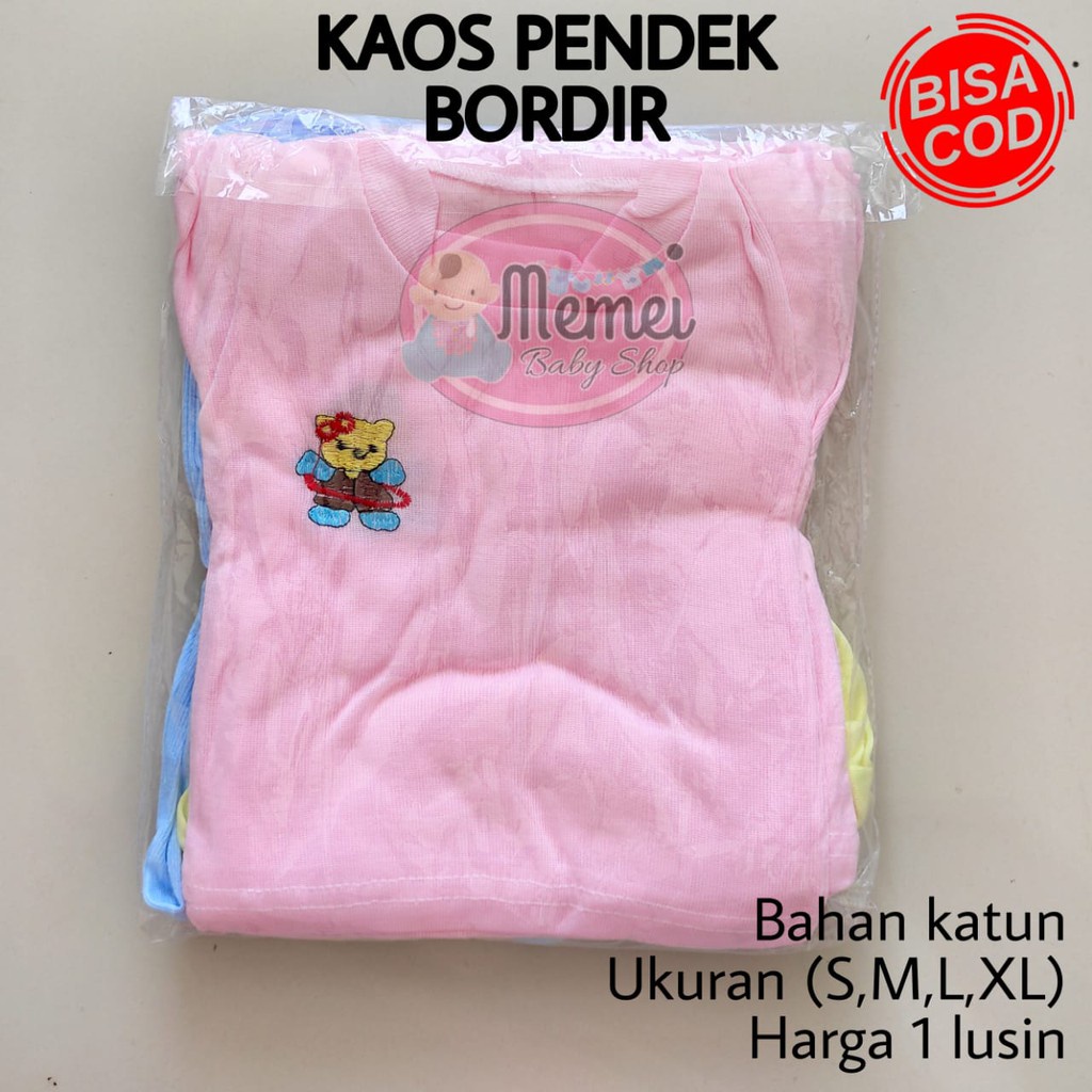 1 LUSIN (12 pcs) Kaos bayi pendek BORDIR ukuran S / M / L / XL