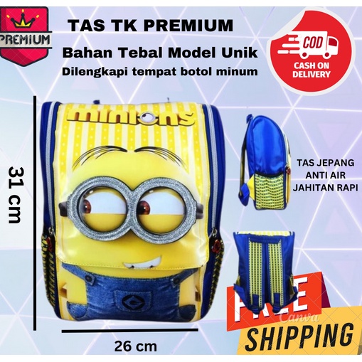 Tas Ransel Sekolah Anak TK Jepang Minion Mata Dua 3D Timbul