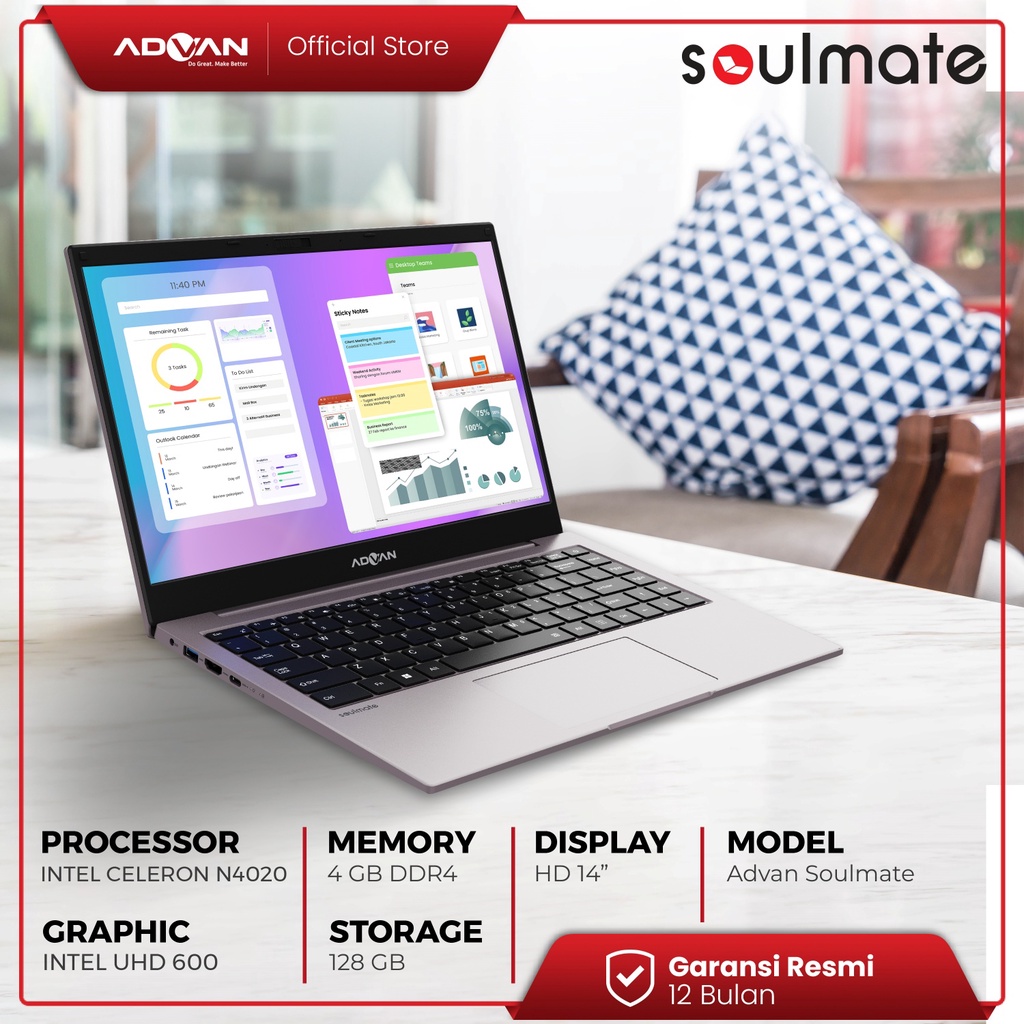 ADVAN Notebook Laptop Soulmate Celeron N4020 4GB/128GB 14