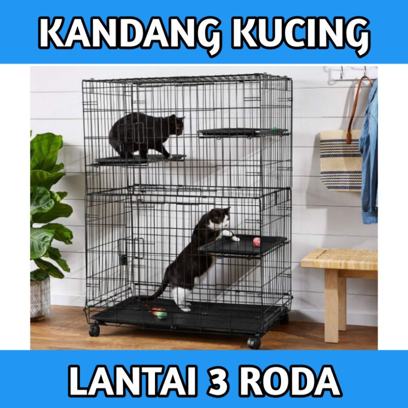 KANDANG KUCING SANGKAR BESI KOTAK TINGKAT RODA LANTAI 3 UKURAN 100X60X45 CM