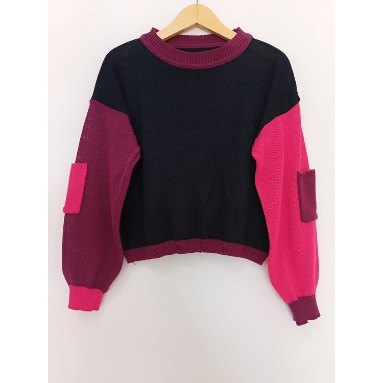 Zee Sweater Rajut Crop Top Knit Pocket Wanita Kombinasi Warna Korean Style COD Free Ongkir