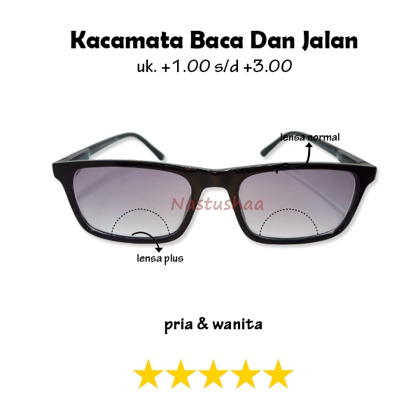 Kacamata Baca dan Jalan (+) Lensa Gelap Uk. +1.00 s/d +3.00 Bingkai Persegi Panjang Gagang Per Kacamata Double Fokus Normal Plus Unisex NOCASE