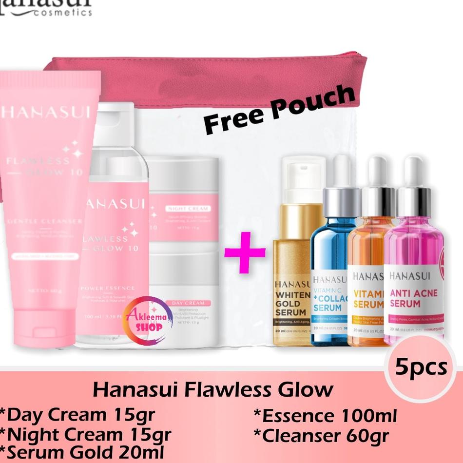 ♧ Paket Hanasui Flawless Glow 5pcs (Day+Night+Serum+Essence+Cleanser) ◘