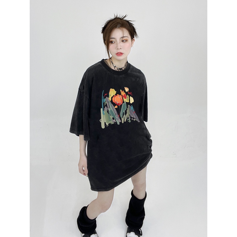 XIAOZHAINV Korean Style Tulip Pattern Washed Printing Kaos Wanita A0036