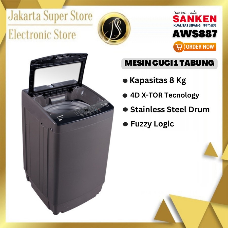 MESIN CUCI SANKEN 1 TABUNG AWS887 MESIN CUCI TOP LOADING 8KG