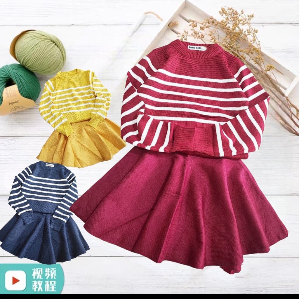 Qiana fashionkids / baju rajut anak perempuan / Setelan rok anak perempuan rajut import motif salur 