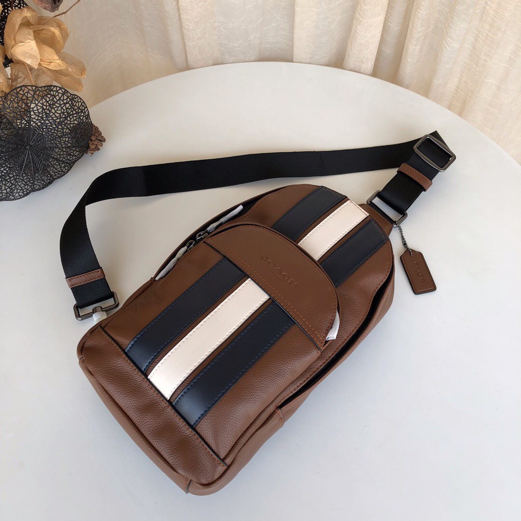 TAS PRIA SIGNATURE HOUSTON VARSITY SLING BAG BROWN STRIPE PACK 49318