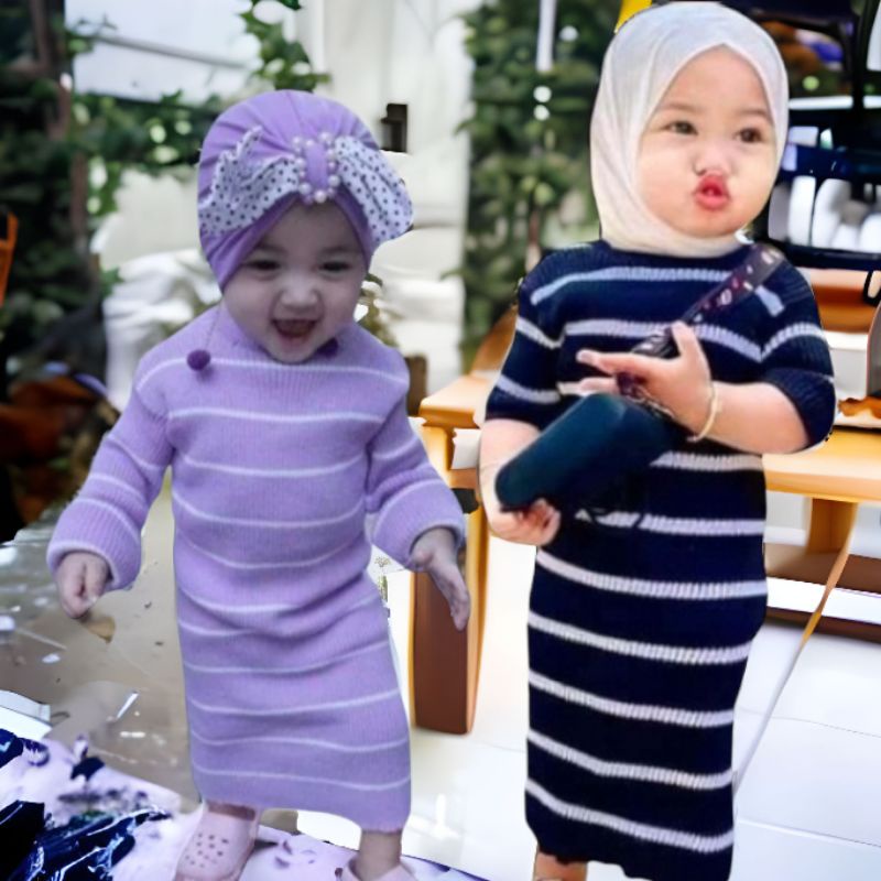 Dress rajut tangan panjang/dress rajut anak perempuan/baju rajut kekinian/baju santai 1-3tahun motip