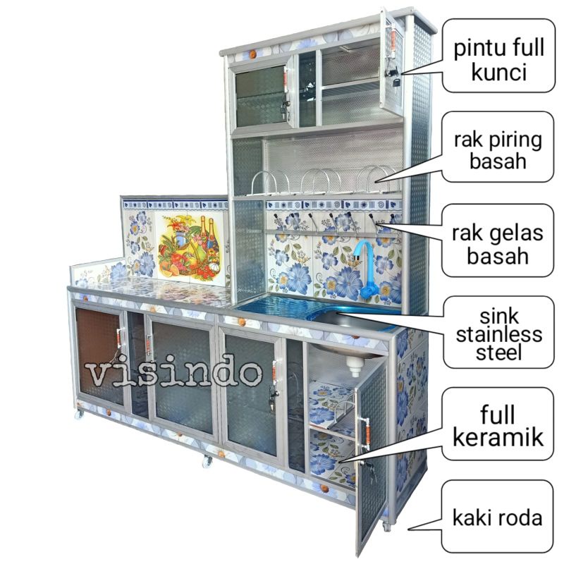 lemari dapur wastafel cuci piring,rak piring dan rak kompor 3in1  tiang besar kaki roda