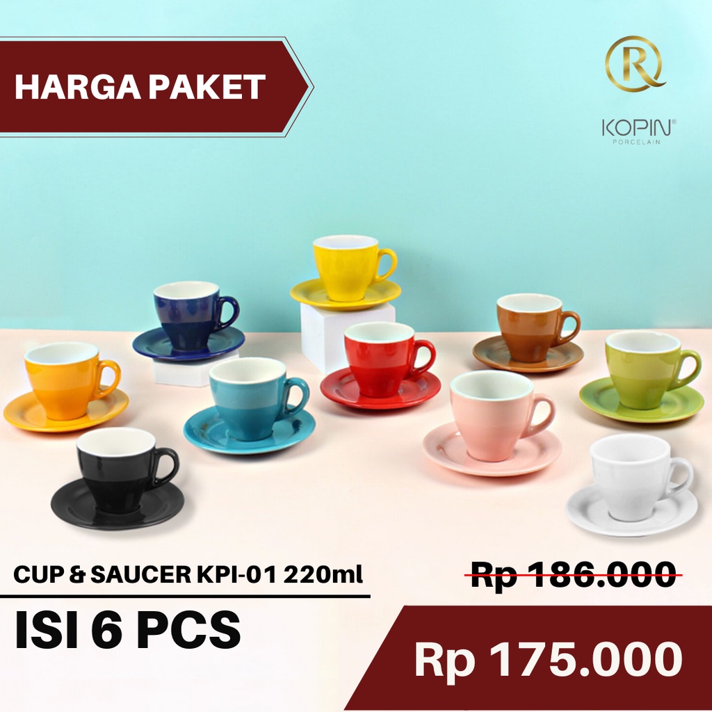 6 Sets Cup &amp; Saucer KPI-01 Coffee Tea 2 Warna Porcelain 220ml Kopin