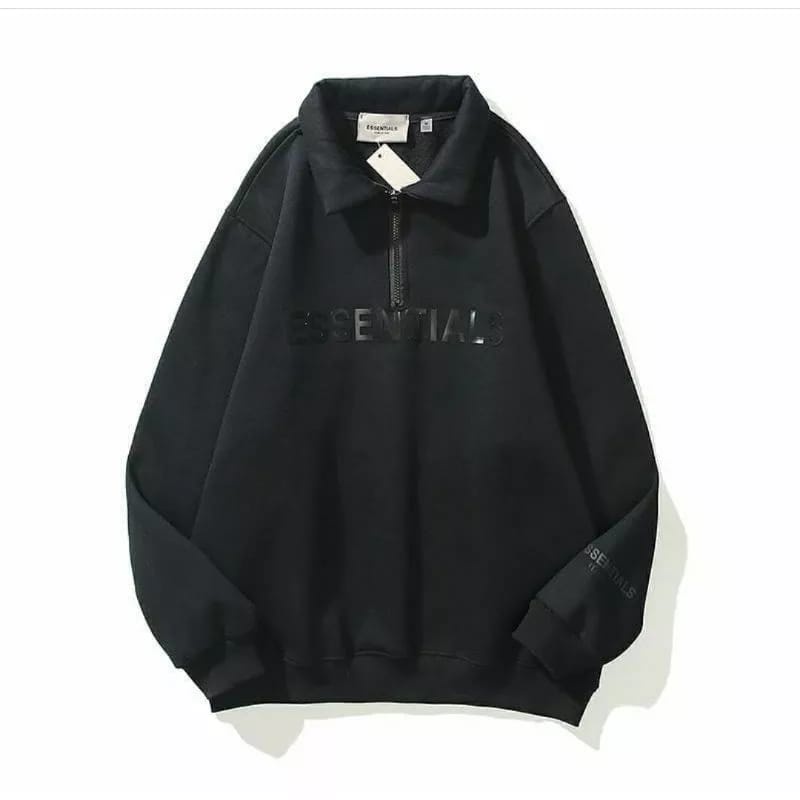HALFZIP ESSENTIALS SWEATSHIRT BASIC HITAM PREMIUM UNISEX BAHAN TEBAL GRAMASI 280