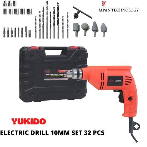 YUKIDO Mesin Bor Set Koper Paket Lengkap Full Accesoris Mata Bor Set Box PE- Electric Drill 10 mm - Bor Set 10mm