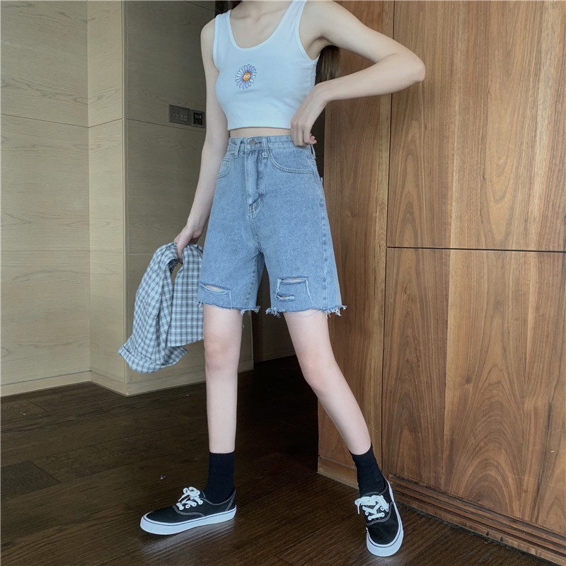 Celana Pendek Wanita Terbaru Celana Bahan Korean Style Ripped Jeans High Waist