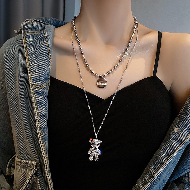 AZ264 【COD】Teddy Bear Kalung Cute Pendant Chain Necklaces Elegant Clavicle Kalung 2 Layers